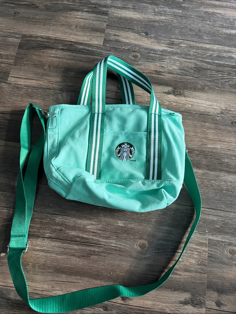 Starbucks Light Green Canvas Crossbody Tote with Striped Handles